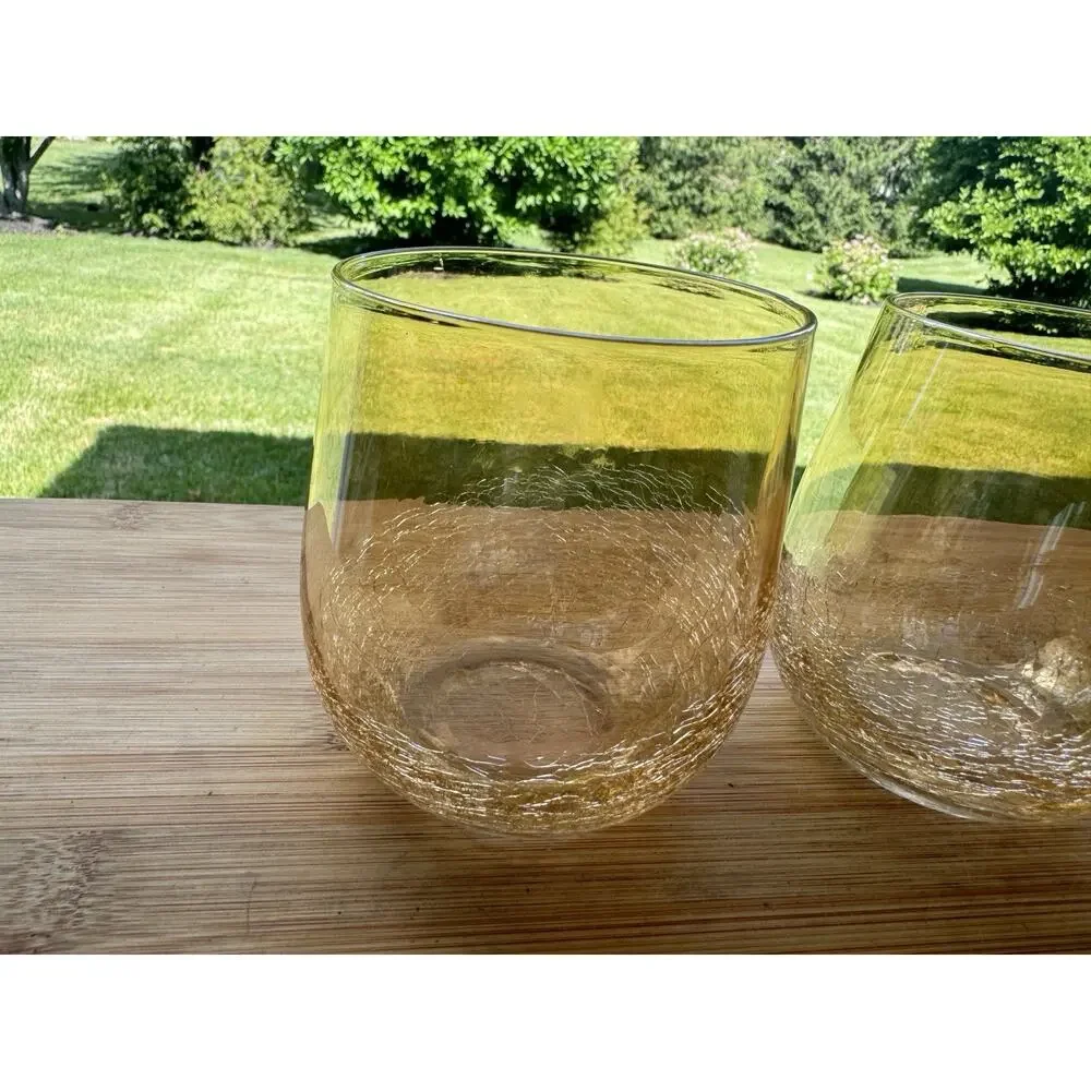 Pier 1 Amber Crackle Golden Luster Stemless Wine / Lowball Tumbler Glass~ 2 Pc